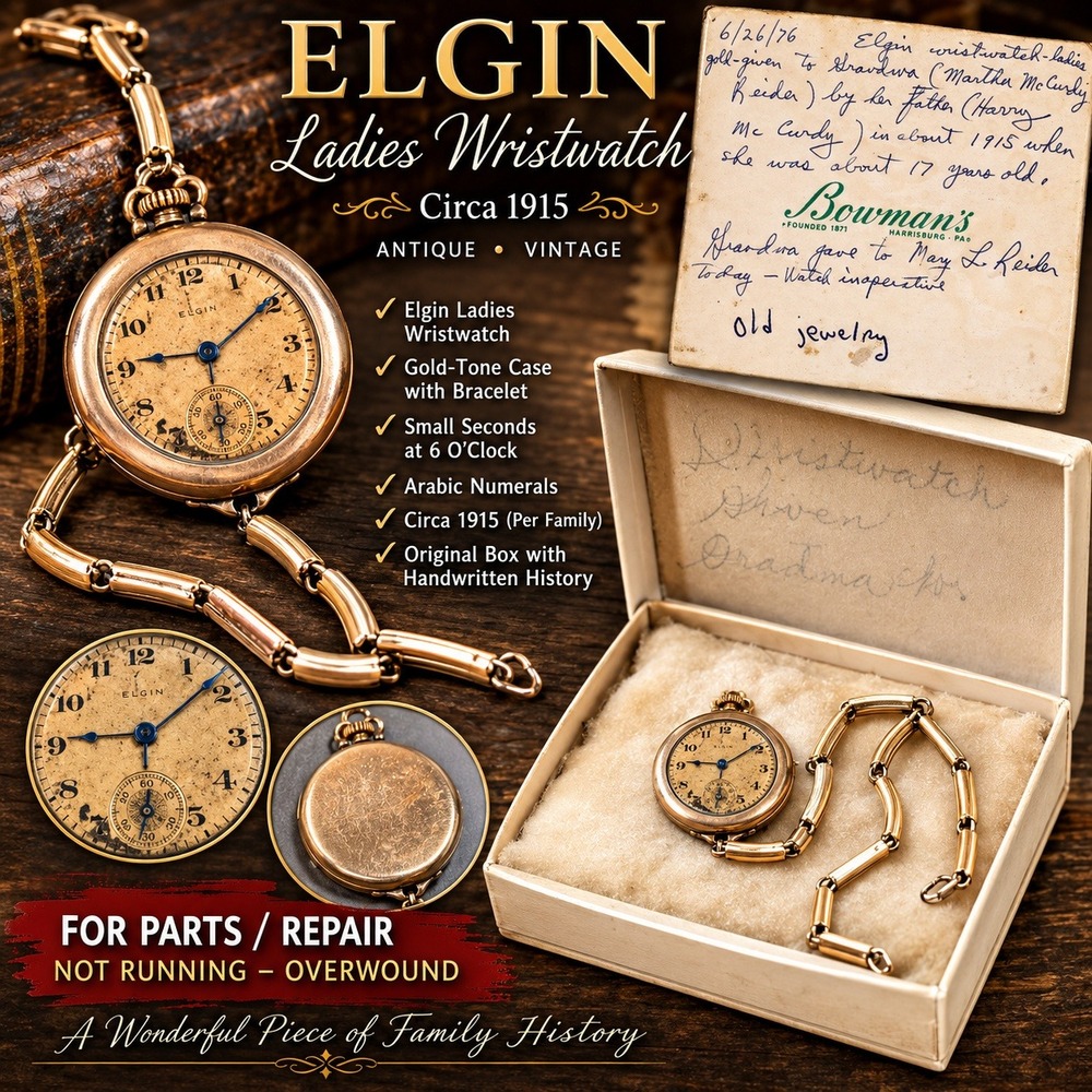 Antique 1915 Elgin Ladies Wristwatch Gold Filled Parts Repair Original Box Note